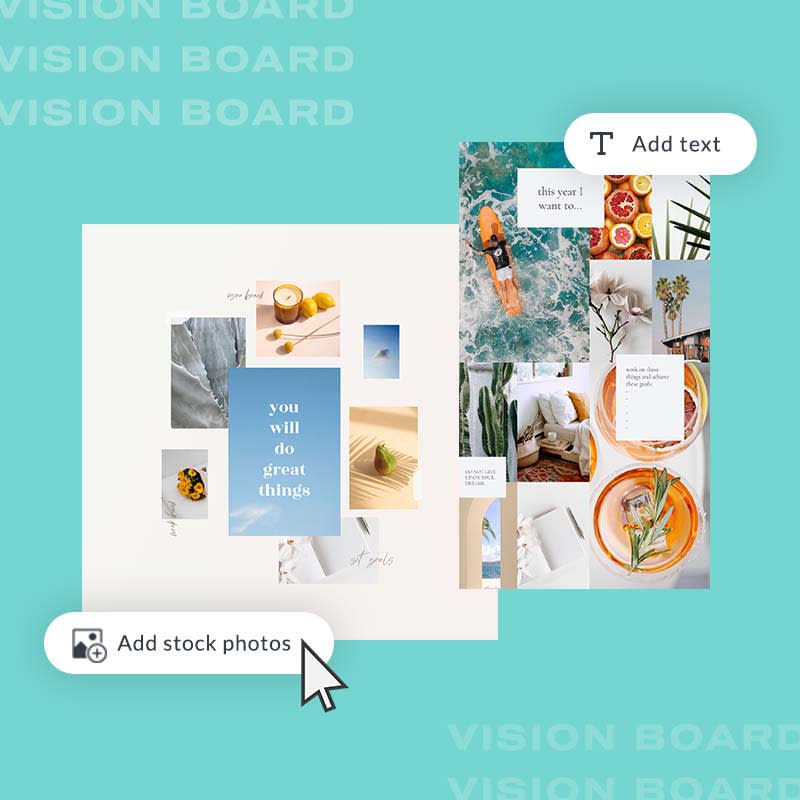 Vision board ideas, with PicMonkey features highlighted, like adding text or adding stock photos to your vision board designs.