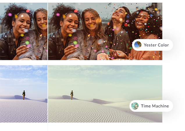 Vintage photo effects like sepia, polaroid, yester color, time machine, and more