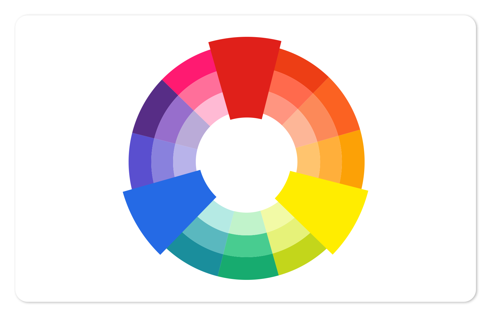 The color blocks represent white, tan, yellow, orange, red, pink, purple,  blue, green, brown, gray and black.