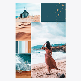 Ejemplo de collage de playa de verano. Fotos de playa en collage de una mujer con un vestido largo de color canela, una casa azul en la playa, arena, olas rompiendo.