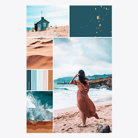 Ejemplo de collage de playa de verano. Fotos de playa en collage de una mujer con un vestido largo de color canela, una casa azul en la playa, arena, olas rompiendo.