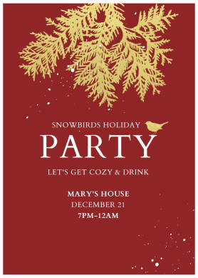 Snowbirds Holiday Party Christmas card template with dark red background, golden winter graphics, and white text.