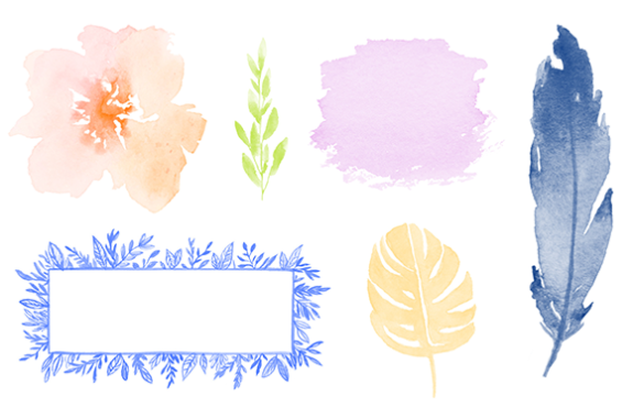 PicMonkey watercolor graphics: flower graphic, leaf graphics, feather graphics, blob graphic.