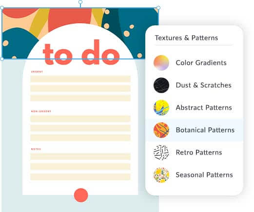 PicMonkey to-do list template with one of several list maker tools open: the Textures & Patterns menu, with various textures like Dust & Scratches, Botanical Patterns, and Retro Patterns available. 