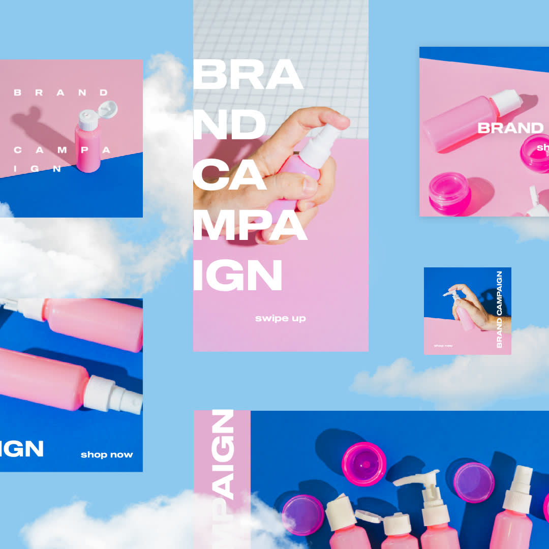 Colorful campaign images for cosmetics brand, set against cloudy background. 