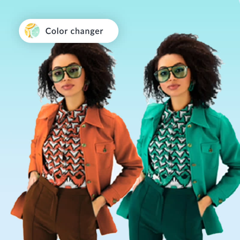 PicMonkey's Color Changer controls atop a photo of a woman two times, side-by-side, one version with green clothes, the other version with orange. 