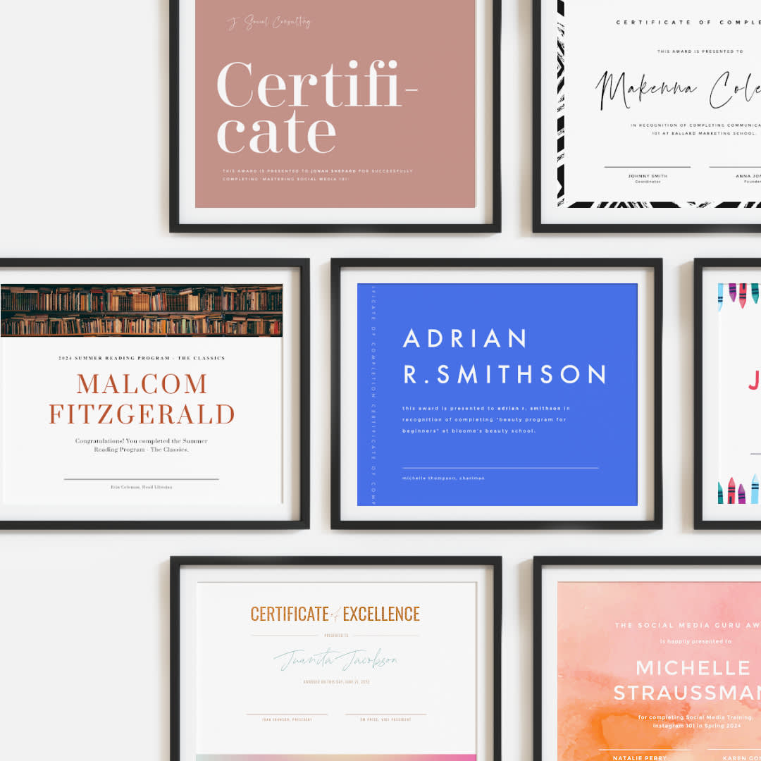 Various PicMonkey certificate templates of varying colors with black frames around them.