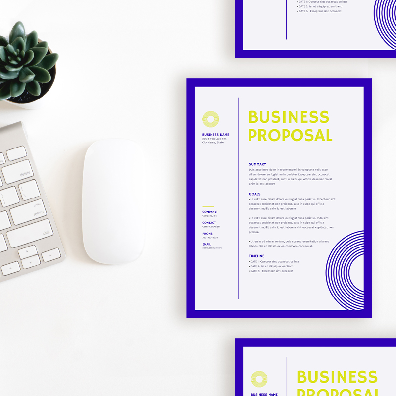 Flat lay of business proposals on table next two keyboard, mouse, and small potted plant. 