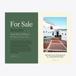 Split flyer template with half forest green and half light yellow. The left side reads "For Sale" in big white text with housing details below it. The right side sports a white home with a red and brown gravel landscape.