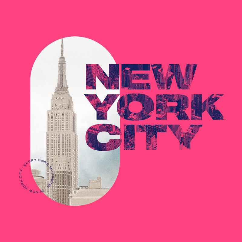 Clipping masks example with New York City put inside "New York City" text beside image of Empire State Building against neon pink background.
