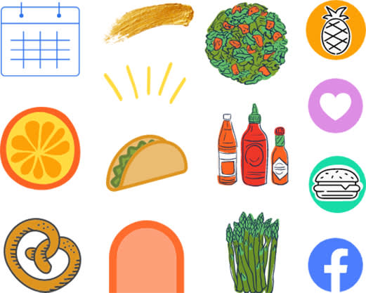 Colorful Restaurant menu graphics that include a calendar, orange, pretzel, taco, shapes, salad, sauces, asparagus, social media, and more