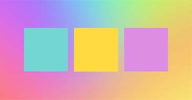 Teal, yellow, and purple squares set against a rainbow gradient color background. 