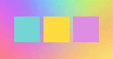 Teal, yellow, and purple squares set against a rainbow gradient color background. 
