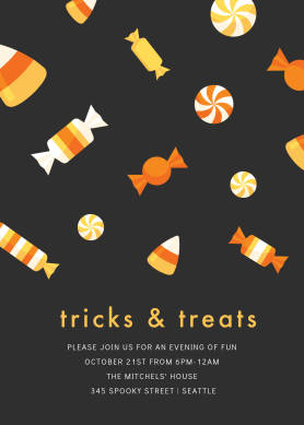 PicMonkey Halloween invitation template with black background, candy graphics, and text announcing "tricks & treats" party and location details.