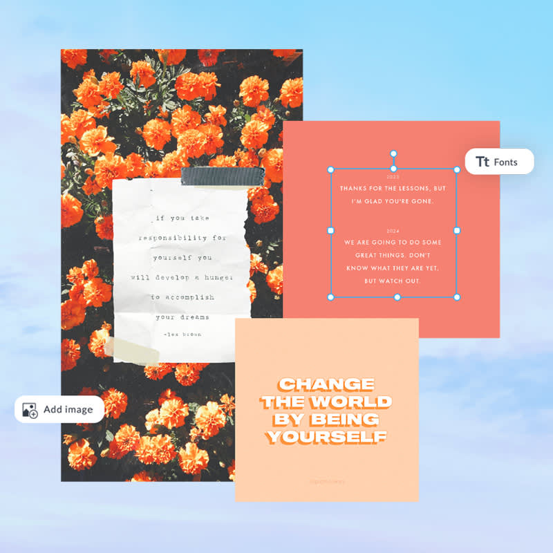 Light blue sky background showcasing three different quote templates: one with salmon pink background, one with light orange background, one with black and orange floral background.