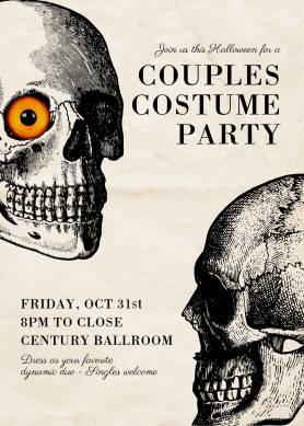 PicMonkey Halloween invitation template with papery texture background, skull designs, and text announcing a "Couples Costume Party."