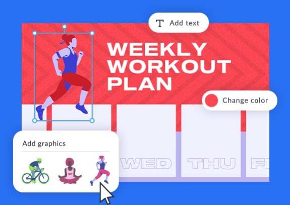 Weekly Workout Plan design, with blue-red-purple color scheme and runner graphic being added.