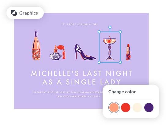 PicMonkey bachelorette party invitation with graphic layer being added and Change color menu open.