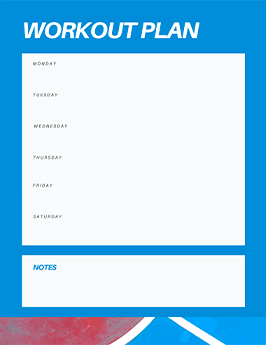 Workout plan list template with blue and red background, space to write for each day of the week, as well as space for notes.