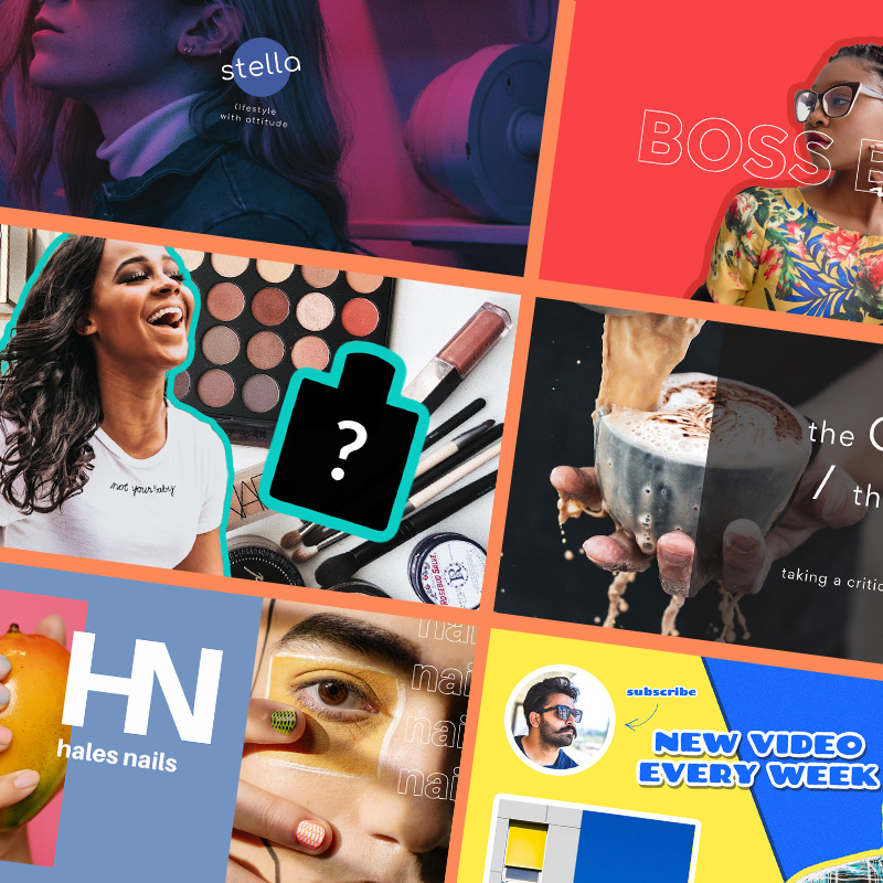 Colorful collaged images of video thumbnail covers.