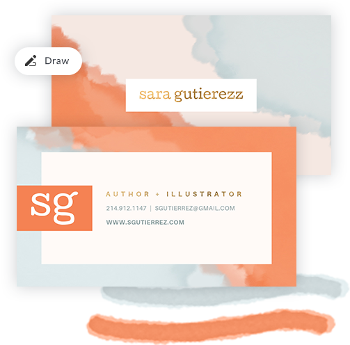 Burnt orange, white, and sky blue business card for an author and illustrator designed using the watercolor draw tool in PicMonkey.