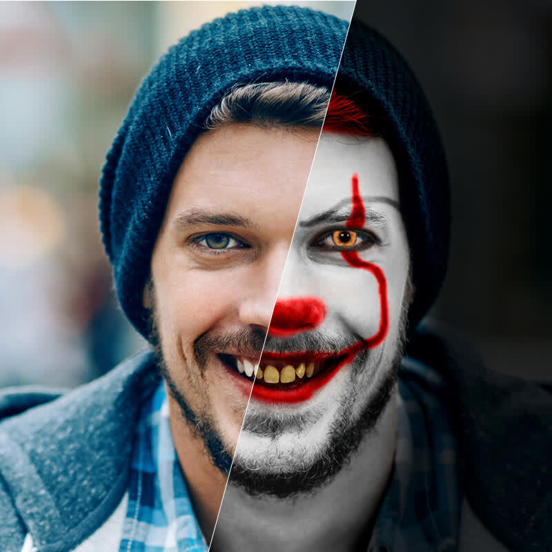 Split screen showing how to turn a normal photo of a man into a sinister clown photo. 