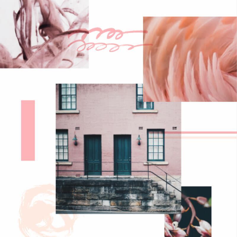 Photo overlay examples in scattered collage format of varying pink and orange shades. Pink building & pink flowers.
