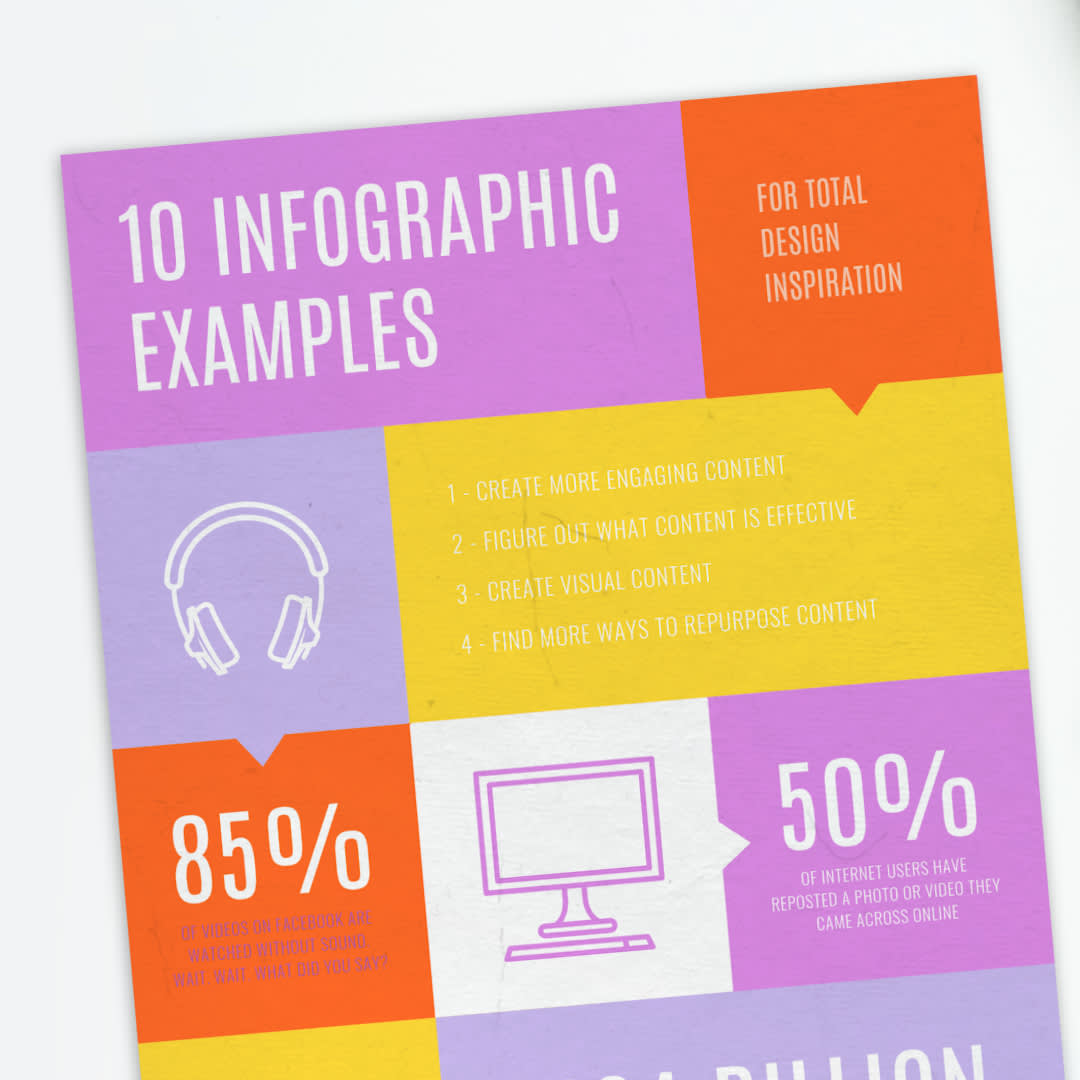 Colorful infographic design introducing title of blog article, "10 Infographic Examples."