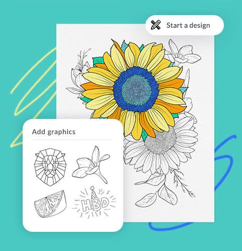 Coloring page with sunflowers and additional extra illustrations of a lion, flower, orange, and HBD graphic on a teal background.