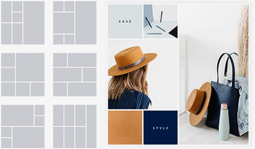 Options de mise en page du créateur de collages PicMonkey. Collage de mode aux couleurs de la marque : brune avec un chapeau beige, une bouteille d'eau bleu sarcelle, un sac à main noir.