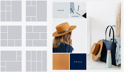 Opciones de diseño del creador de collage PicMonkey. Collage de moda con colores de marca: morena con sombrero marrón, botella de agua verde azulado, cartera negra.