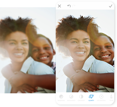 Smiling mother and child with PicMonkey mobile's unblur image tools used to improve photo clarity. 