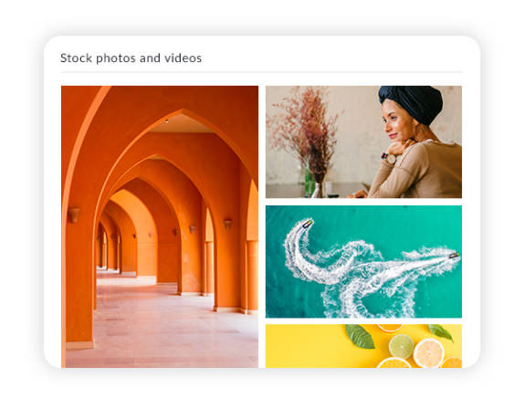 Collage of colorful stock photos available in PicMonkey: ornate orange hallway, portrait of woman at desk, aerial view of boats on water, and flat lay of lemons against bright yellow background.