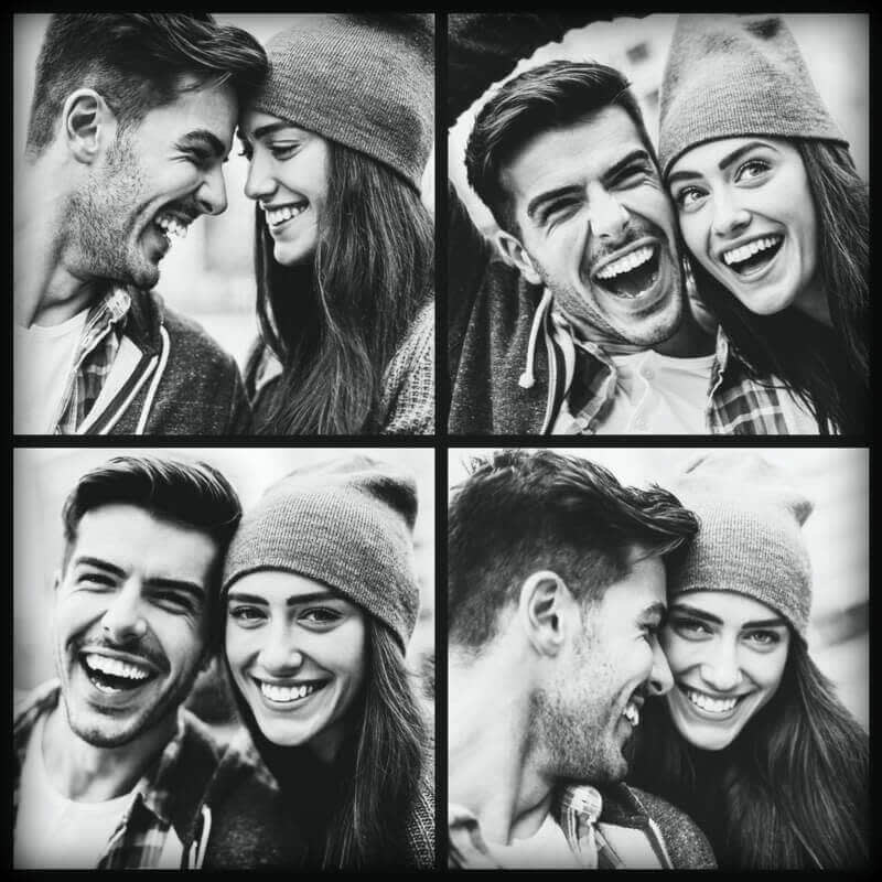 Photo strip collage of smiling man and woman in various poses. 