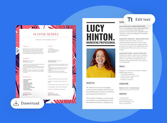 Two different resume template options with light blue background. Left template with pink floral graphic frame, right template with headshot and bold black "Lucy Hinton" text.