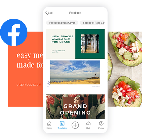 Ejemplos de diseño de portadas de Facebook en PicMonkey móvil.