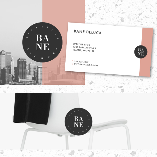 Varios activos de marca con diseño de logotipo circular negro en cada uno. Texto blanco del nombre de la empresa que dice "BANE", con 'B' y 'A' apilados encima de 'N' y 'E'.