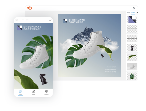 Aplicación gratuita de edición de fotos Picmonkey para dispositivos móviles. Ejemplo de diseño de zapato blanco sobre fondo degradado de color azul y verde con gráfico de hoja verde.