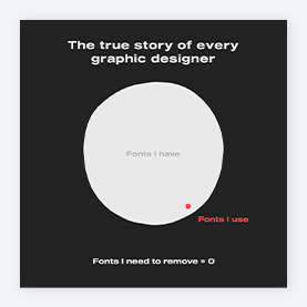 Meme infographic poking fun at how many fonts a graphic designer actually uses, versus how many they have.