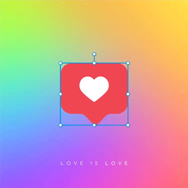 Heart graphic in center of gradient rainbow canvas with text "Love is love."