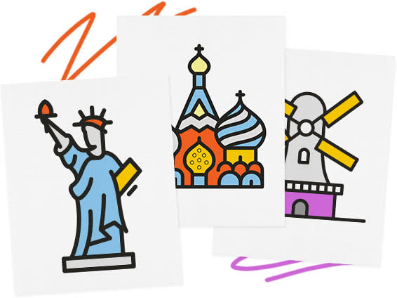 Colorful PicMonkey graphics, including the Statue of Liberty, Saint Basil's Cathedral, and a windmill. 