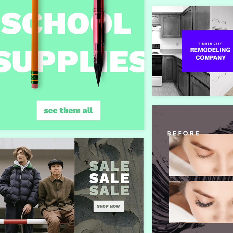 Side by side photo examples: Sale ad with two men, before & after photo of skin care treatment, remodeling company ad, school supply ad.