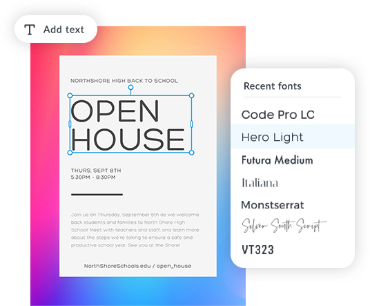 PicMonkey open house flyer design with text layer being added to it and Recent Fonts menu open.
