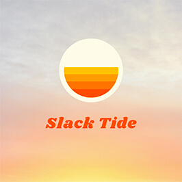 Logo design with image of sunny skyline as background, circle graphic with various shades of yellow, orange, and red, and red text "Slack Tide."