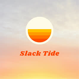 Diseño de logotipo con imagen de horizonte soleado como fondo, gráfico circular con varios tonos de amarillo, naranja y rojo, y texto rojo "Slack Tide".