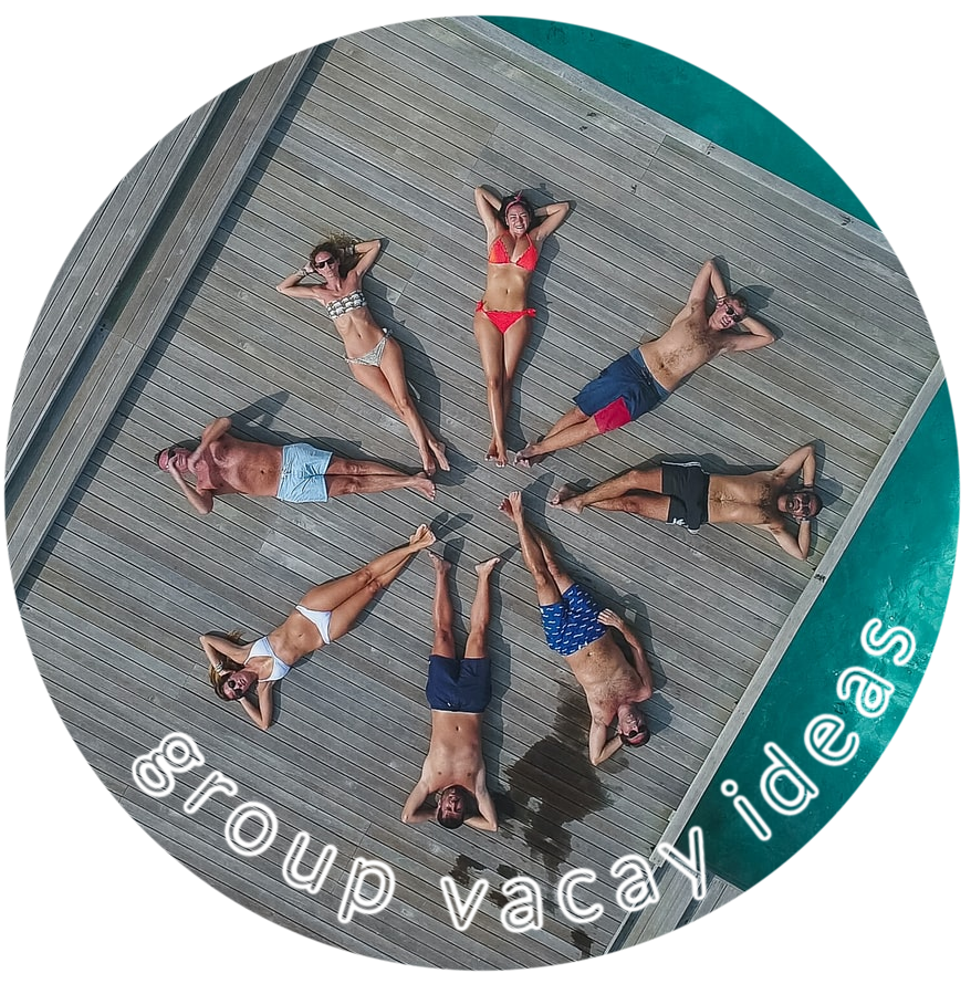 Shape cutout example: circle photo with men and women in bathing suits assembled in a circle on a pool deck. White text reads "Group vacay ideas."
