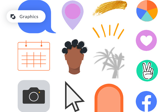 A variety of colorful and diverse graphics, symbols, and icons available for use in PicMonkey. 
