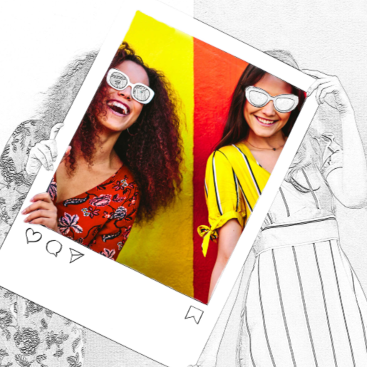 Pantalla dividida de dos mujeres sonrientes sosteniendo un marco estilo Instagram, que muestra cómo puede usar la herramienta Edge Sketch de PicMonkey para convertir fotos en bocetos.