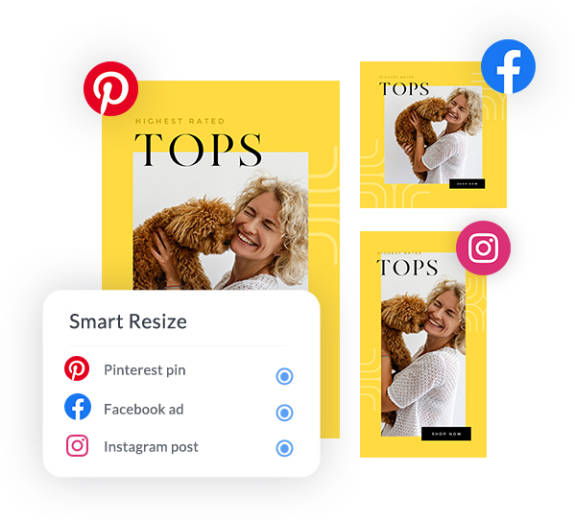 3 different sized bright yellow flyers with blonde woman laughing and brown poodle dog against her face. Sizes for Pinterest, Facebook, Instagram.
