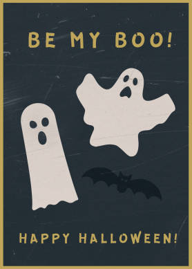 PicMonkey Halloween Card Template with black background, ghost and bat graphics, and text "Be My Boo!" and "Happy Halloween!"